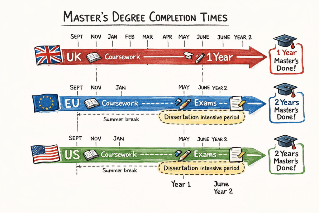 Visual timeline comparing one-year UK master's degree duration with two-year programmes in EU and US universities showing coursework and dissertation periods