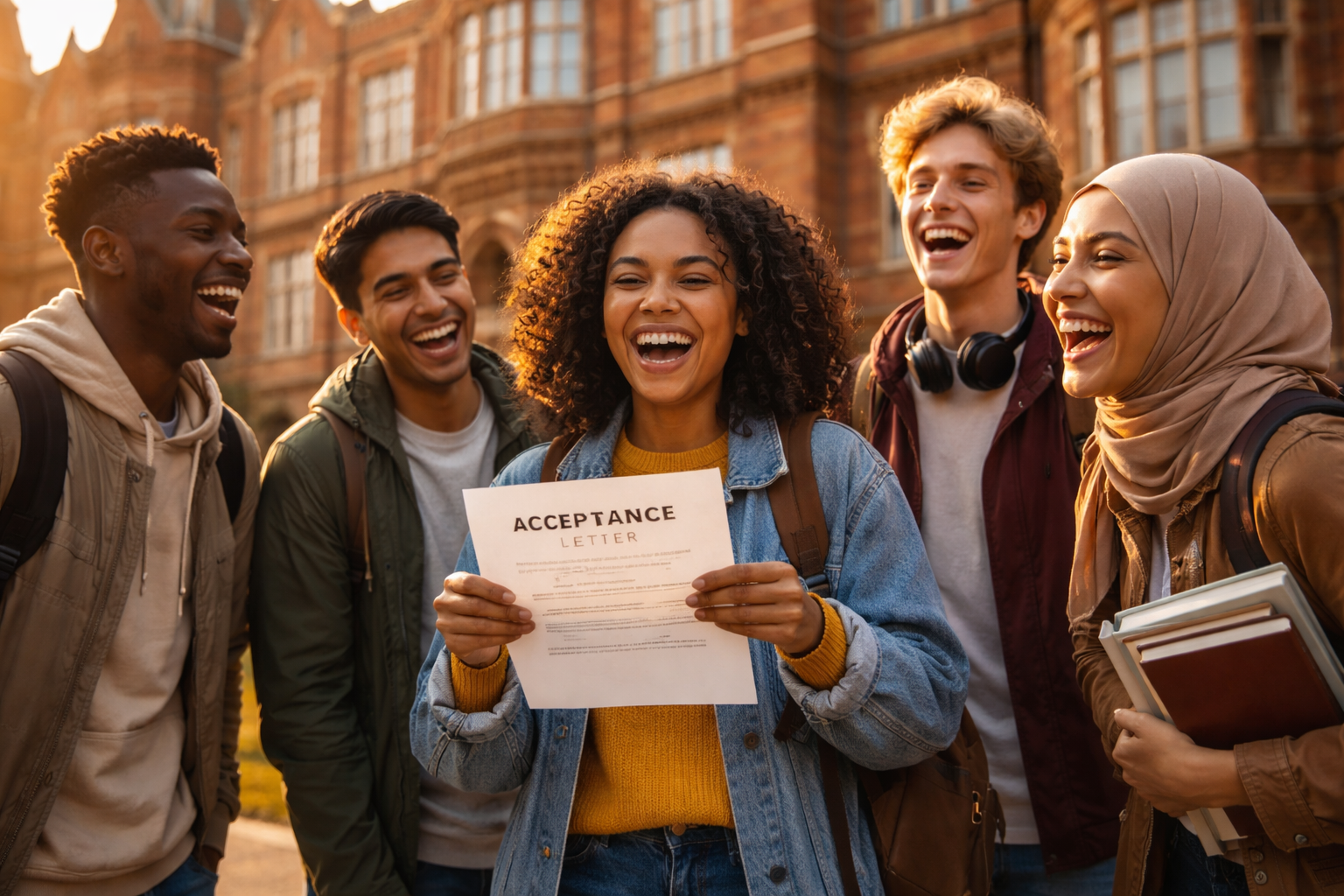 International students celebrating UK scholarship acceptance outside university campus