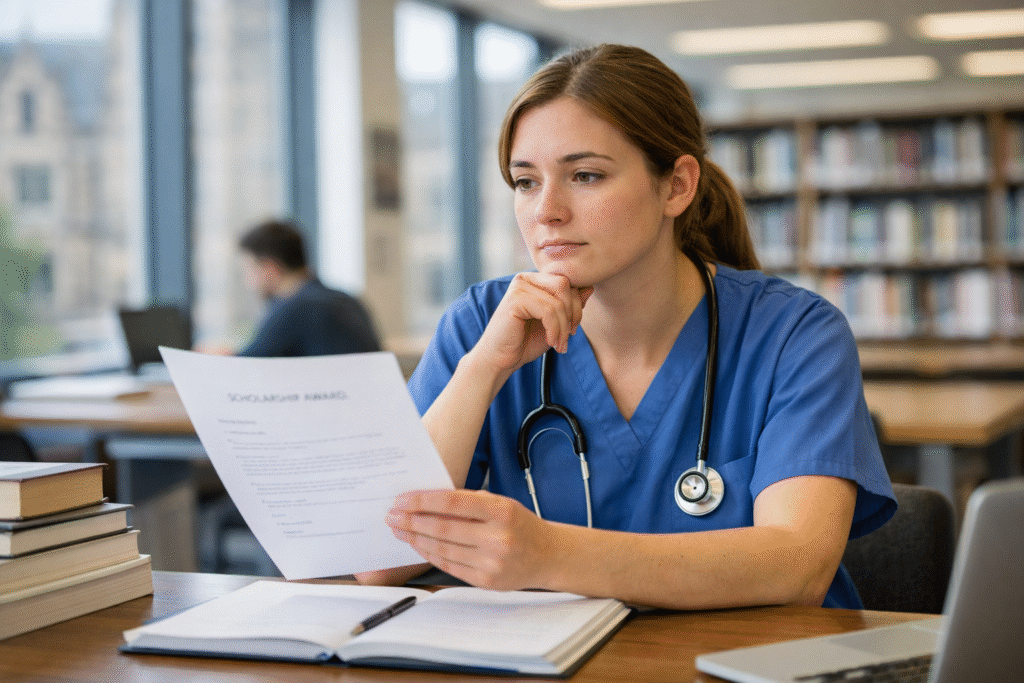 Nursing student in UK university library reviewing scholarship documents to study nursing in UK for free