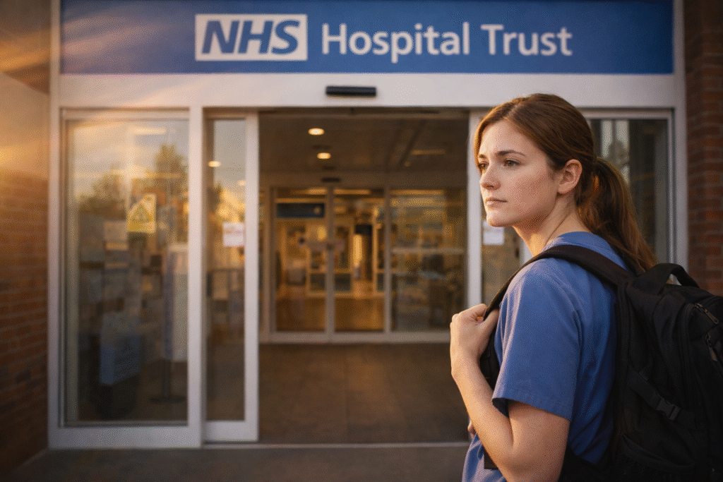 Nursing student arriving at NHS hospital for clinical placement in UK — placement costs covered under NHS Learning Support Fund