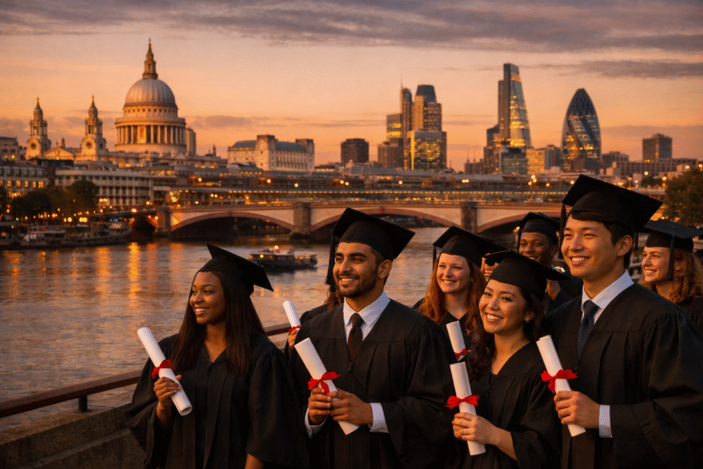 Masters programs in London — graduates on the Thames with city skyline at dusk