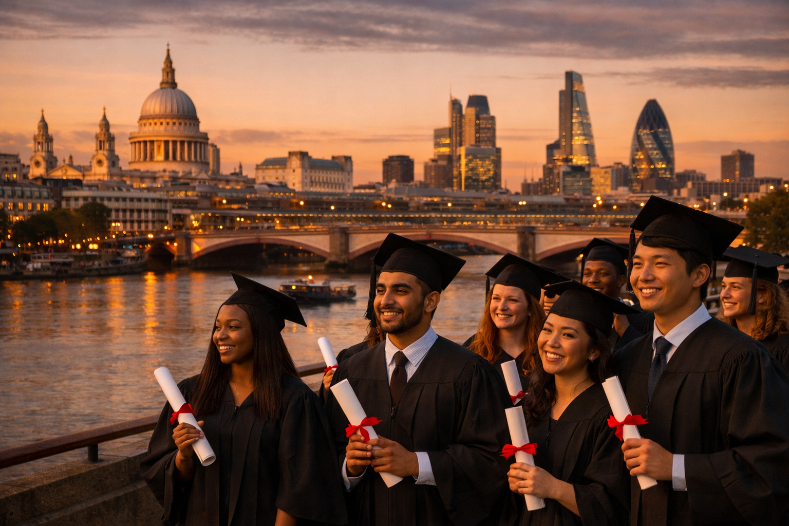 Masters programs in London — graduates on the Thames with city skyline at dusk