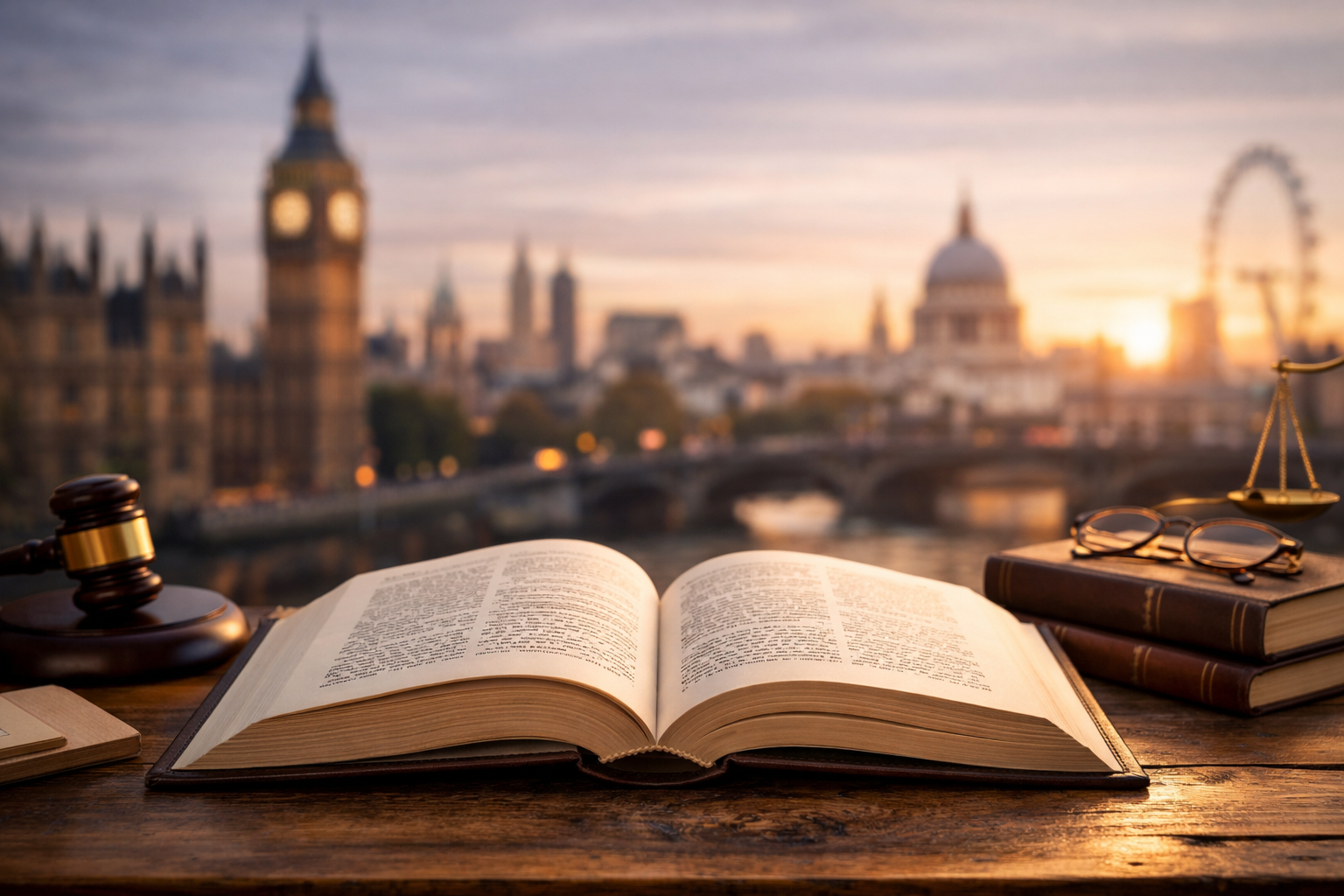 Law degree UK textbook with London skyline background