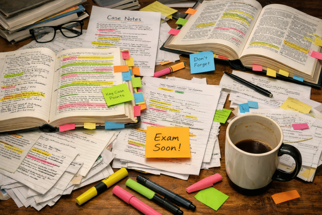 Law degree UK student revision desk with case notes