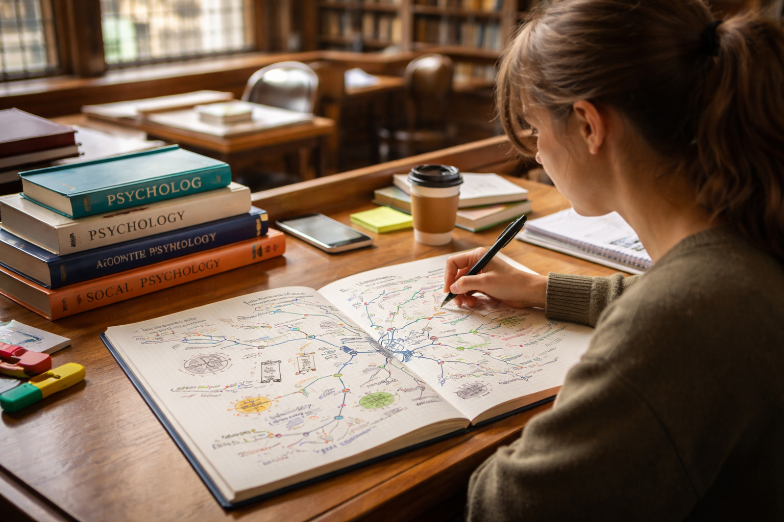 Psychology postgraduate student studying at a UK university library with handwritten mind-map notes and psychology textbooks