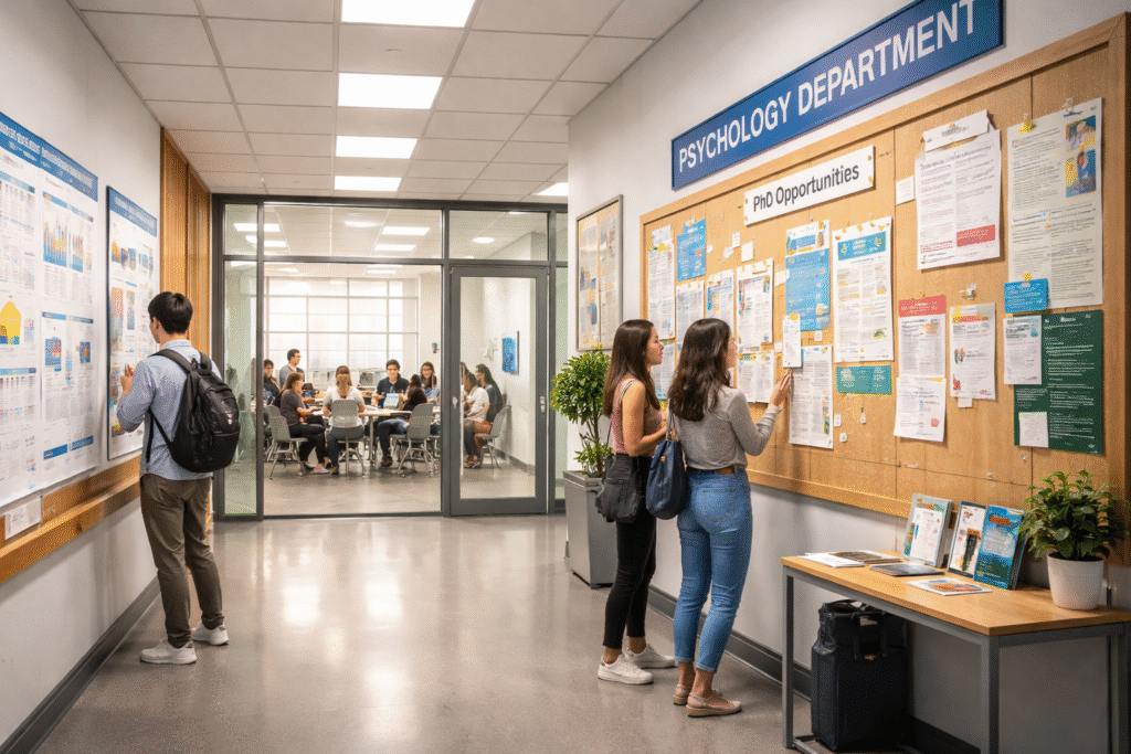 Interior of a UK university psychology department with research posters and student seminar rooms