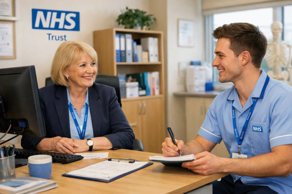 Psychology graduate in a supervision meeting at an NHS clinical setting after completing a masters in psychology UK