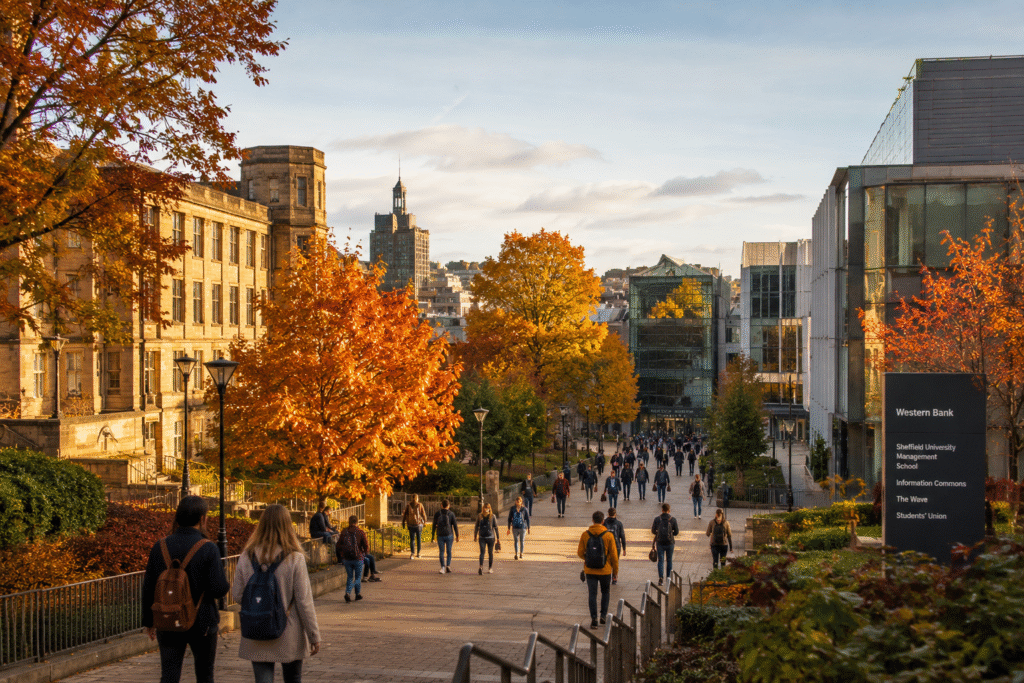 University of Sheffield UK Western Bank campus in autumn with students walking through tree-lined paths