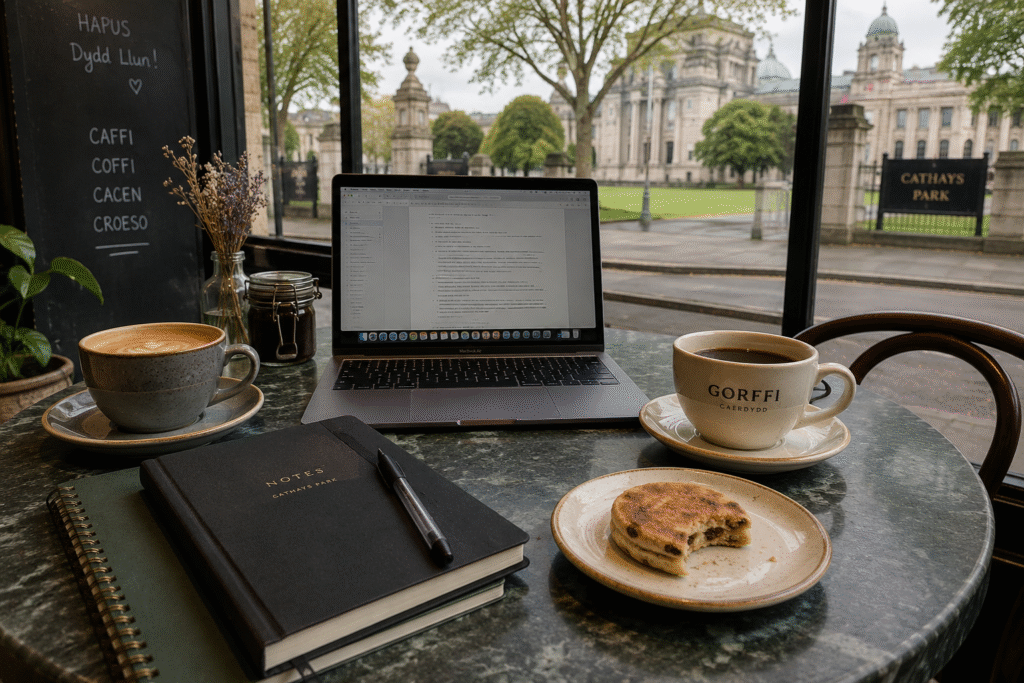 International student studying at Cardiff café with coffee and Welsh cakes near Cardiff University UK