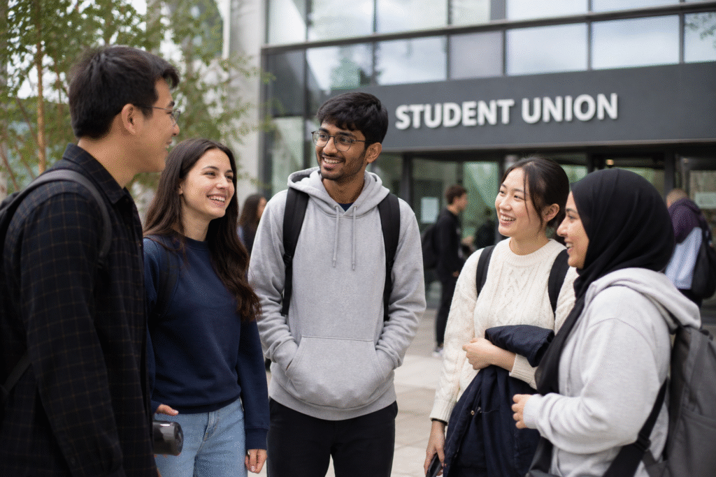 International students at Loughborough University UK enjoying campus life