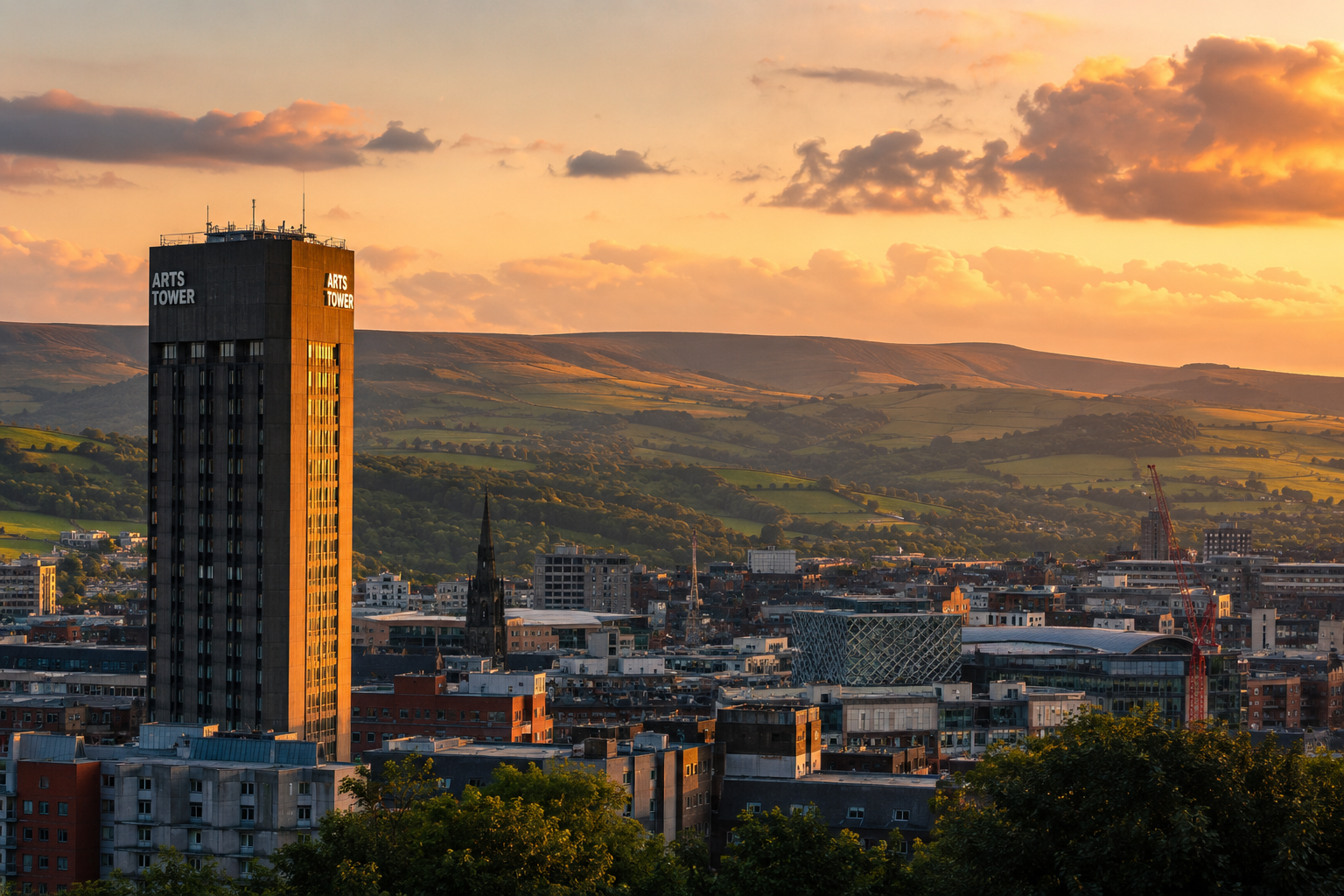 University of Sheffield UK Arts Tower aerial view at golden hour with Sheffield skyline and Peak District hills in background