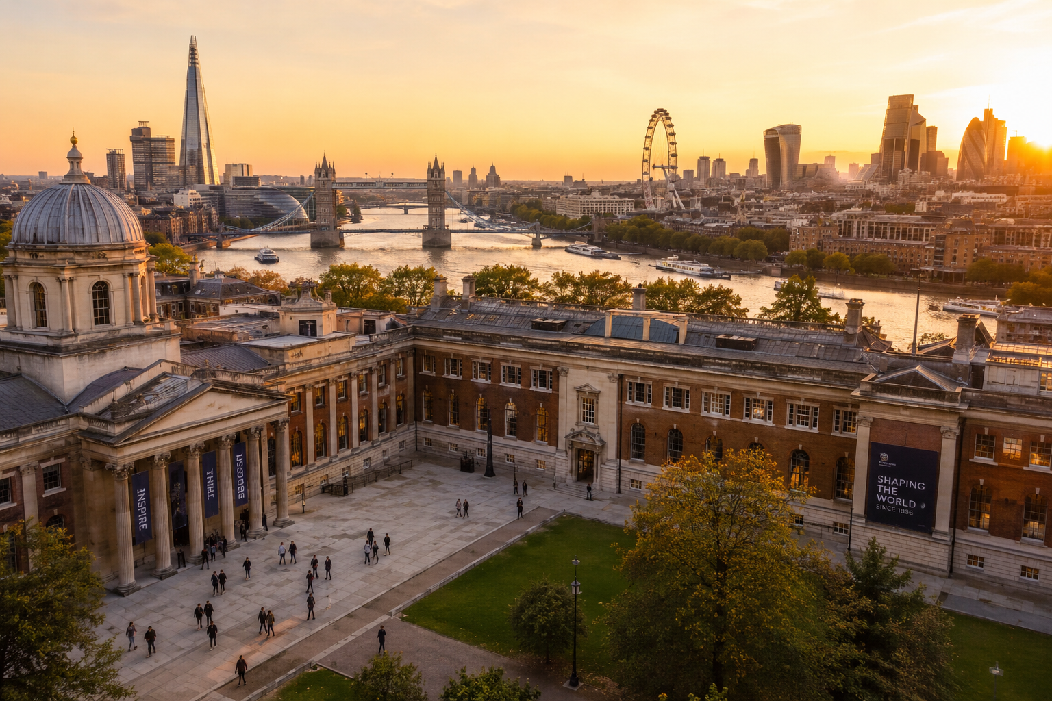 UK London university list – international students walking on a London university campus with the city skyline in the background