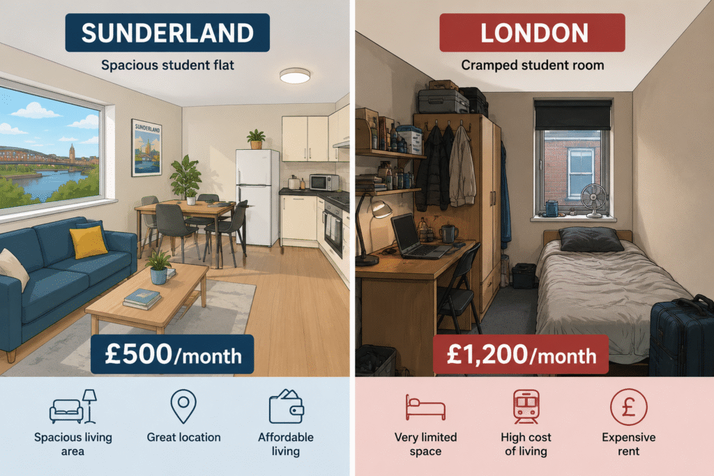 Comparison of student accommodation costs in London vs affordable UK cities