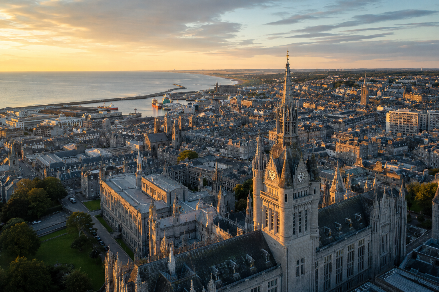 Aerial view of Aberdeen city centre with Marischal College — best universities in Aberdeen UK