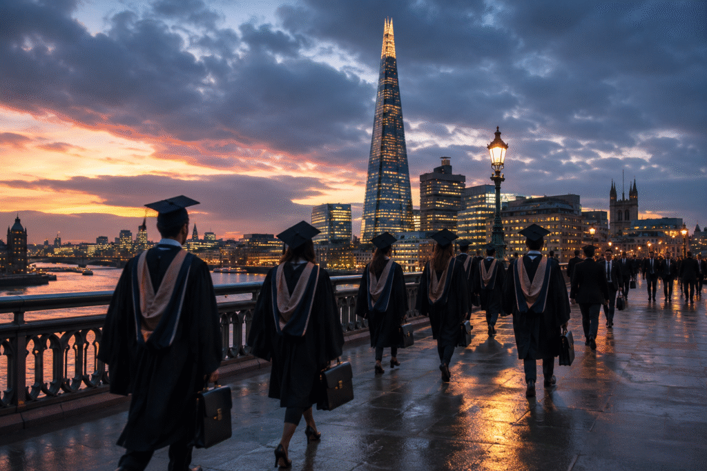 MBA graduates walking across a London bridge at sunset symbolising career growth after MBA courses in UK