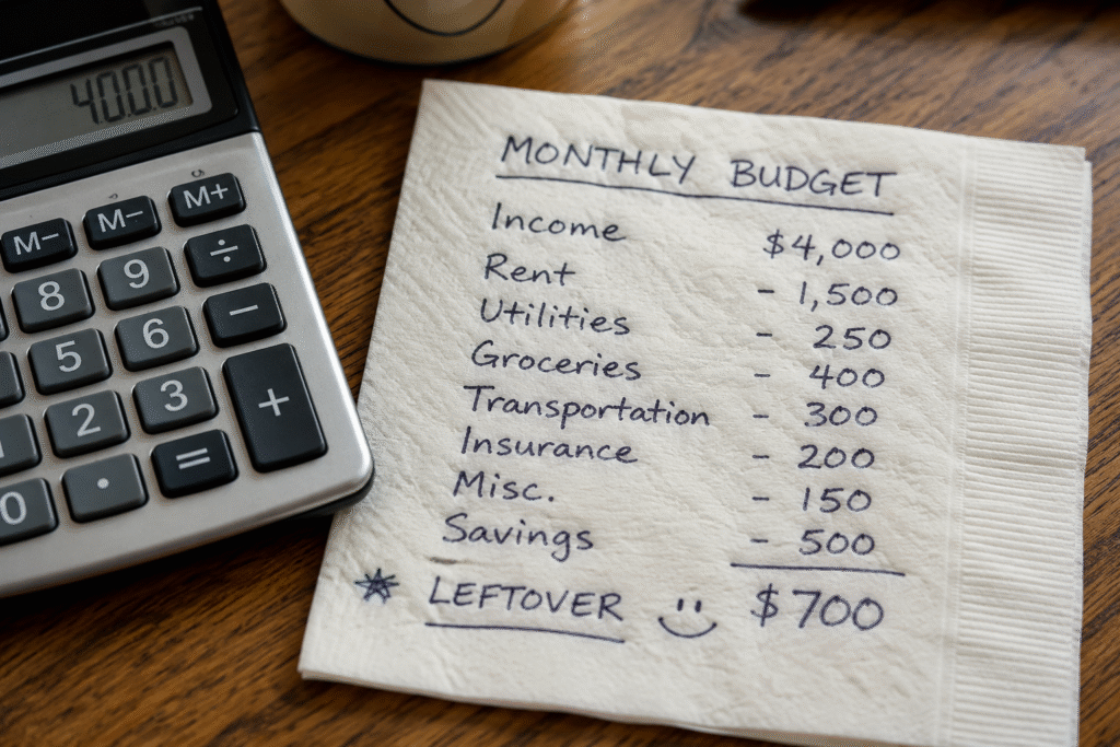 Handwritten budget calculation for MBA courses in UK tuition and living costs
