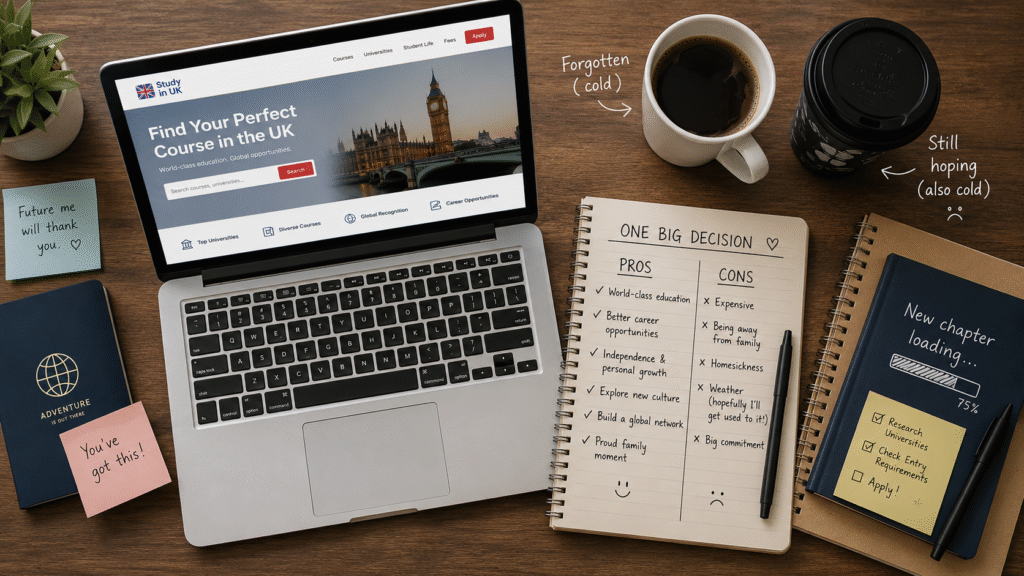Student researching an MA in UK course options with notes and laptop