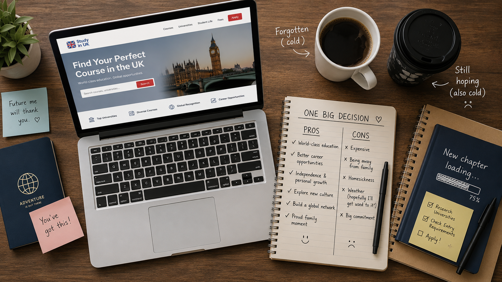 Student researching an MA in UK course options with notes and laptop