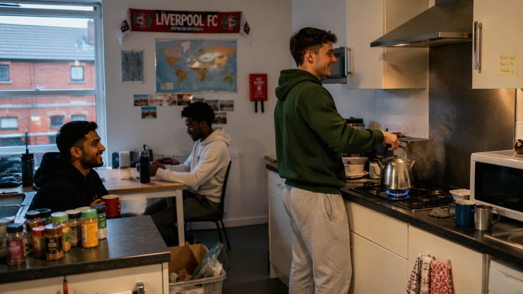 International postgraduate students sharing accommodation kitchen while studying MA in UK