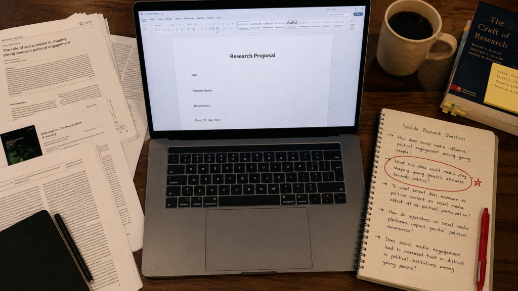 Student writing a research proposal for an MRes UK degree surrounded by academic journal articles