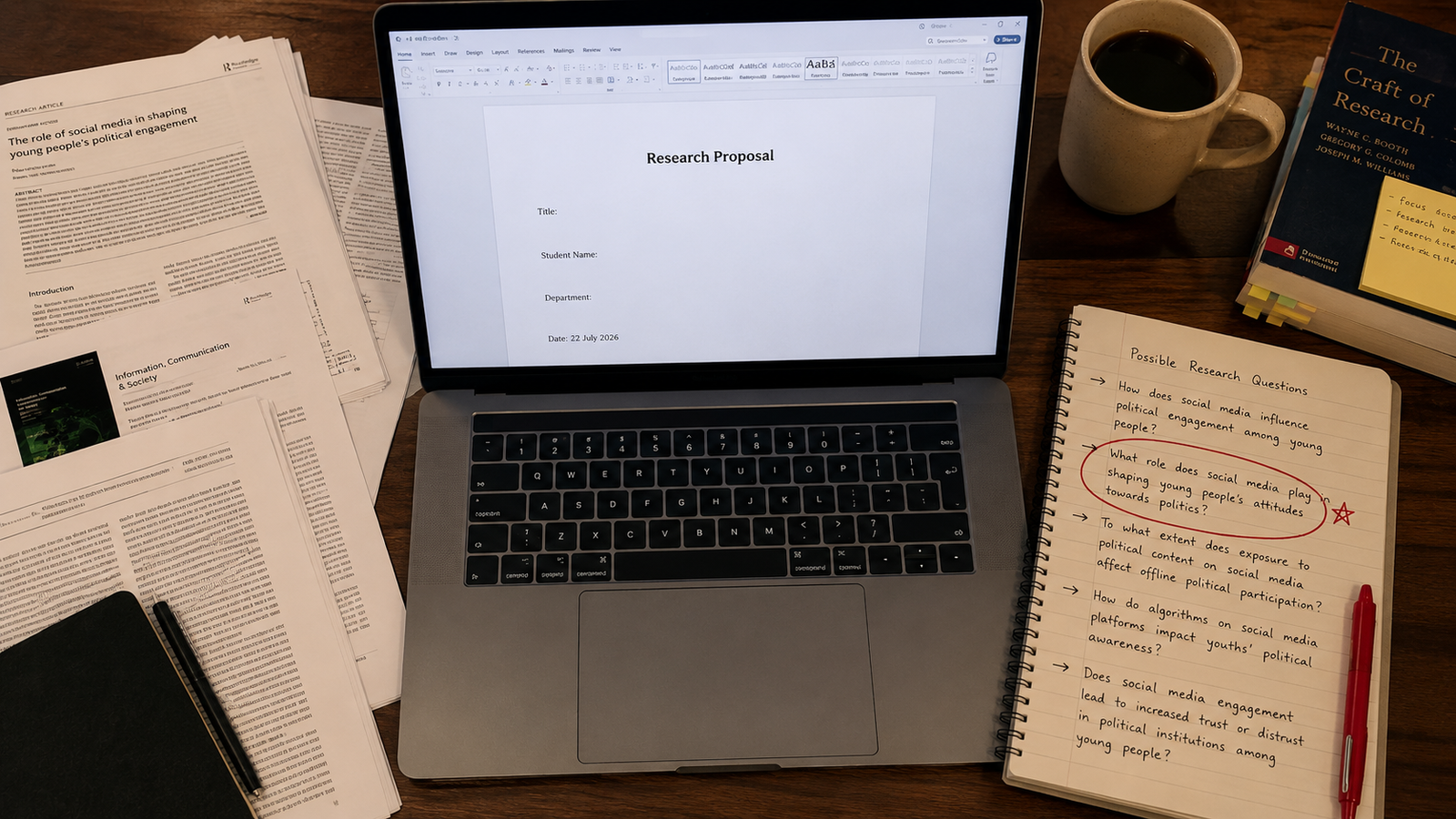 Student writing a research proposal for an MRes UK degree surrounded by academic journal articles