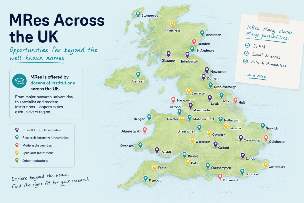Map of UK universities offering MRes Master of Research degree programmes across the country