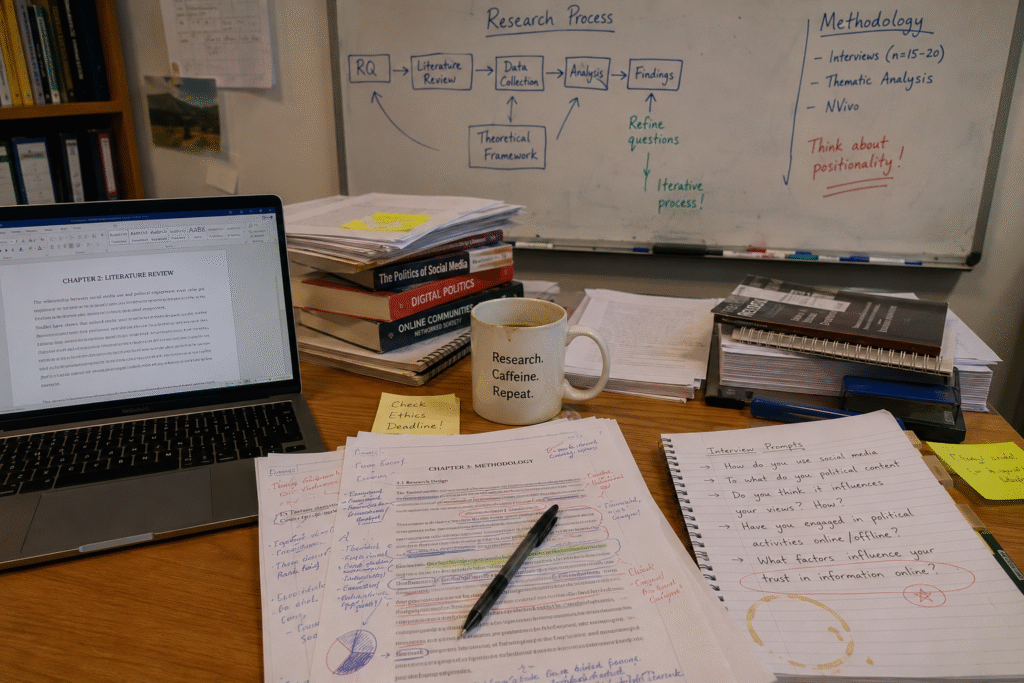 Research supervisor desk with annotated dissertation drafts representing MRes UK independent research work