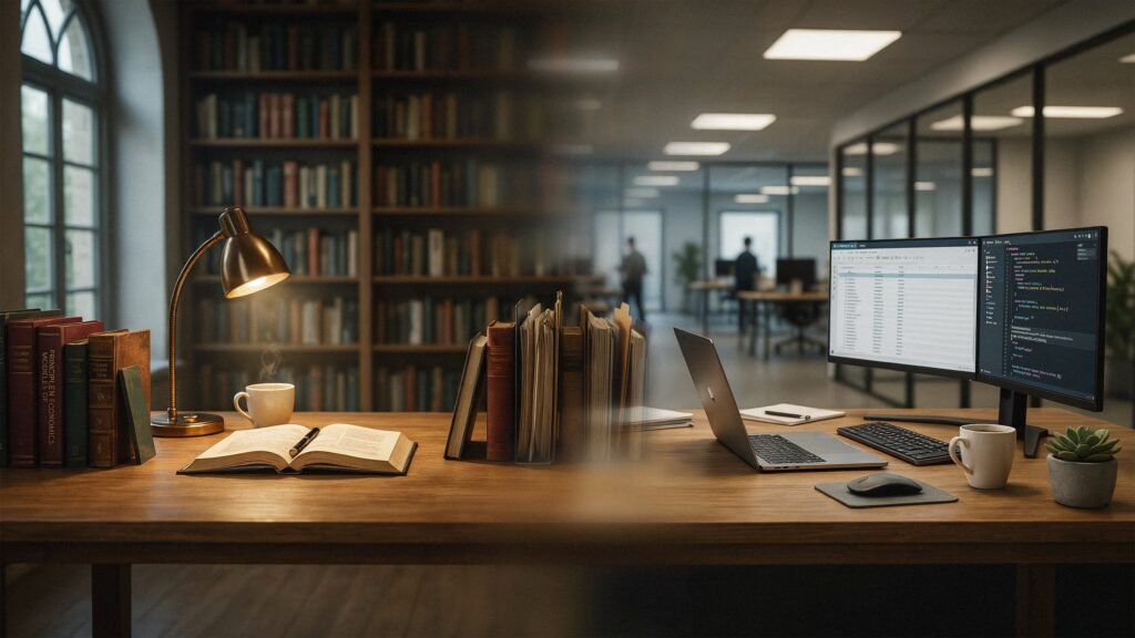 Double exposure image blending a university library desk with a modern office desk.