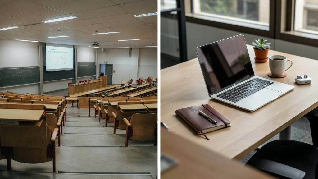 Split image showing a university lecture hall next to an office desk, representing the transition of a year placement.