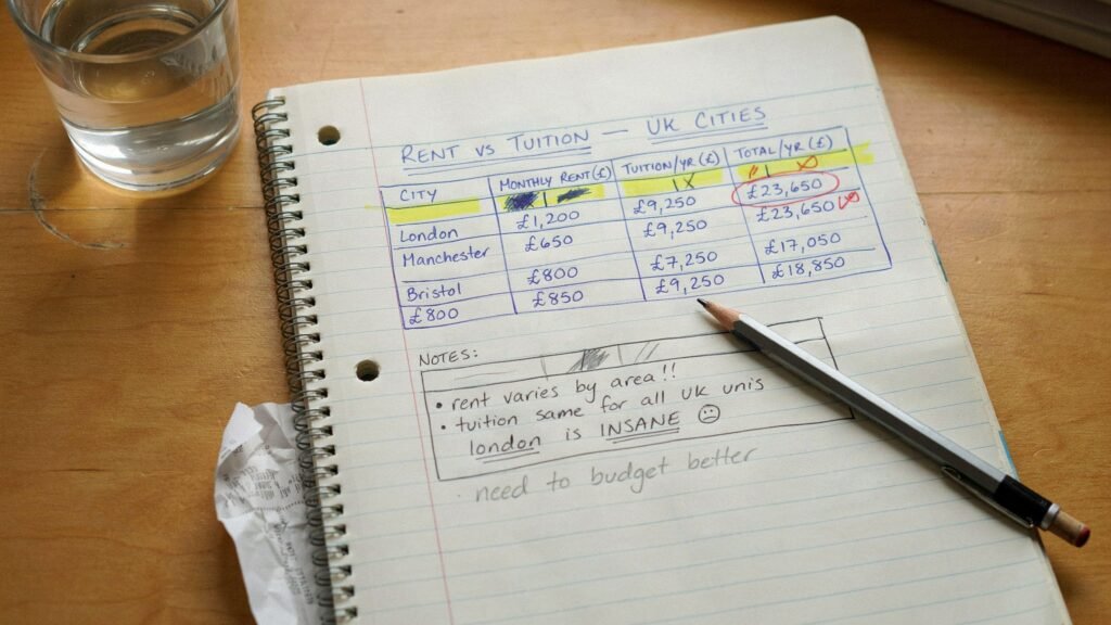 Handwritten style budget comparison of UK student rent and tuition costs across cities
