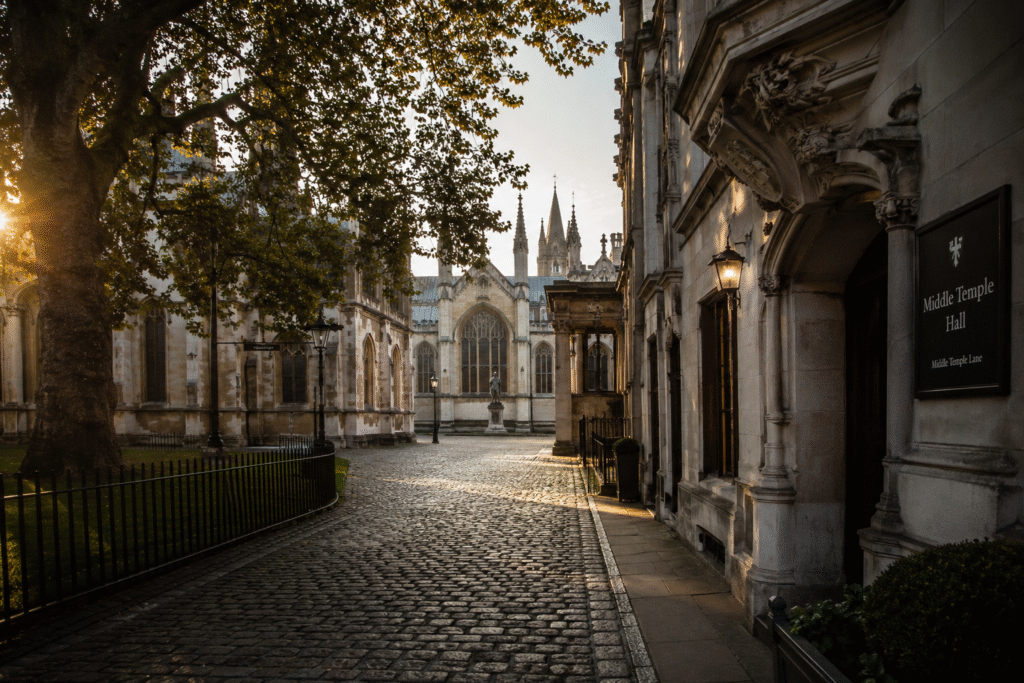 Historic Inns of Court buildings in London at dusk, associated with UK legal education and training.