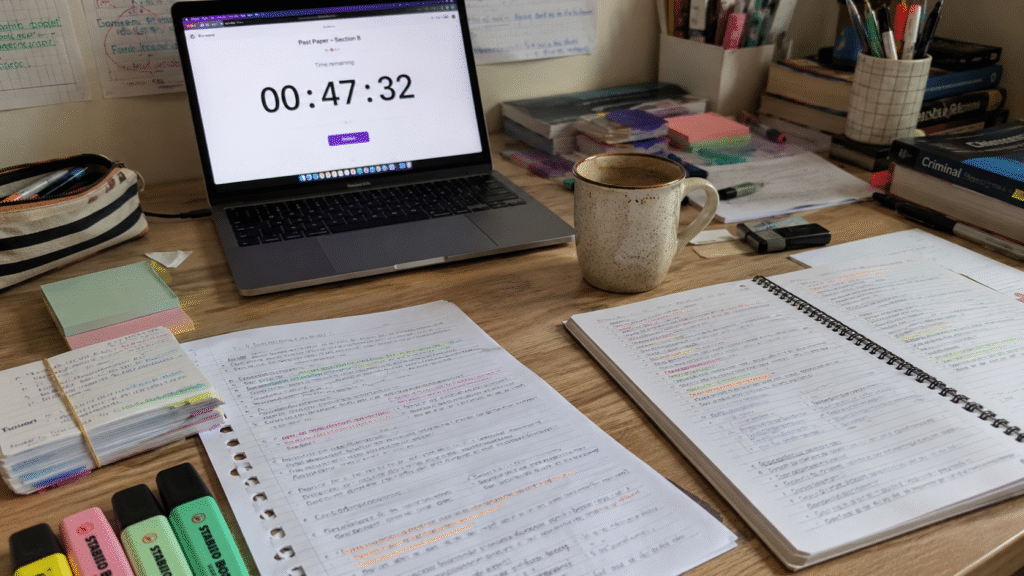Cluttered study desk with law notes, coffee cup and laptop, representing SQE1 exam preparation for GDL students.