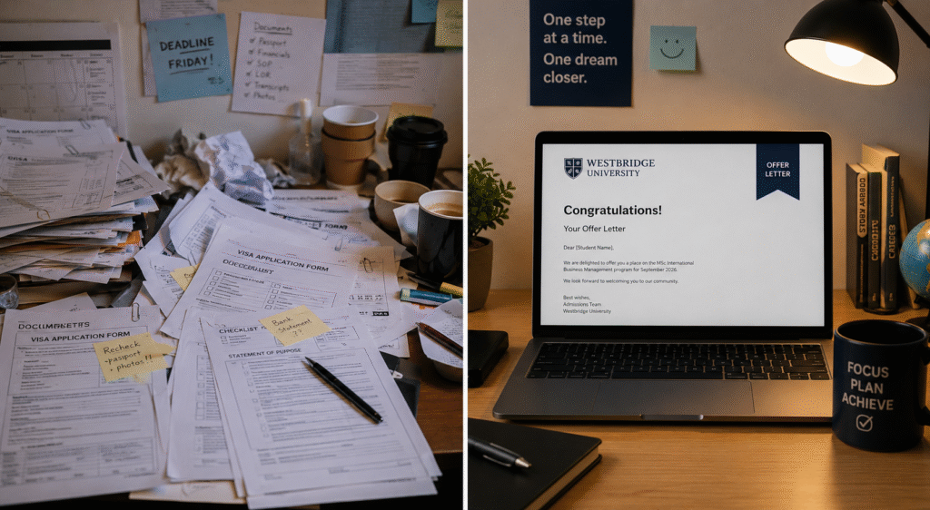 Messy study abroad paperwork on one side, calm organised desk with UK university offer letter on the other, showing the difference an Ed Consultant makes.