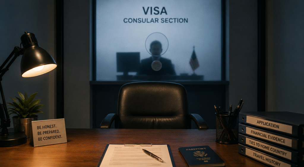 Empty chair facing a visa interview window, illustrating what a student faces during a UKVI credibility interview.