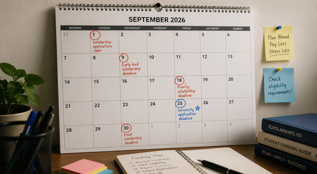 Calendar showing scholarship deadlines circled earlier than university application deadlines for UK study.