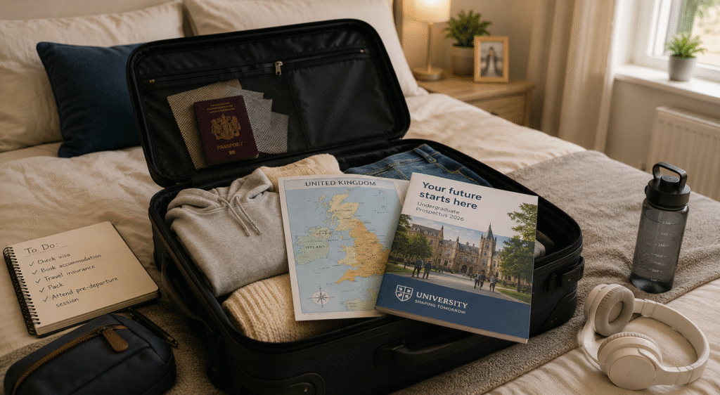 Half-packed suitcase with a UK map and university prospectus, showing pre-departure preparation for study abroad.